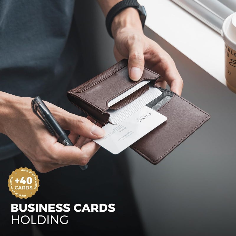 VULKIT Business Card Holder Premium Leather RFID Blocking Card Case With ID Window Magnetic Closure Holds Up to 40 Business Cards - Image 2
